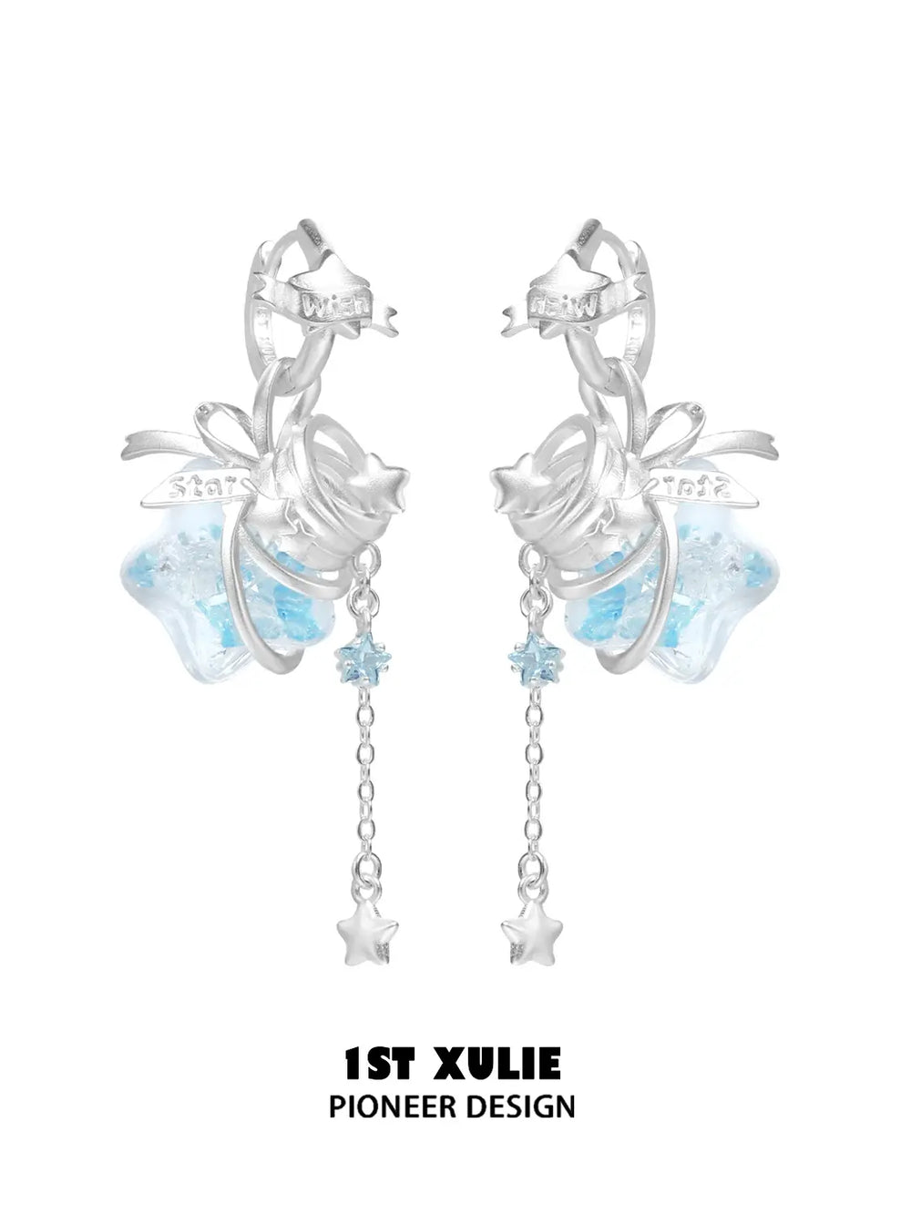 1ST XULIE Jewelry "WISHING STAR" Wishing Bottle Dangle Earrings in Platinum Plated - Back View