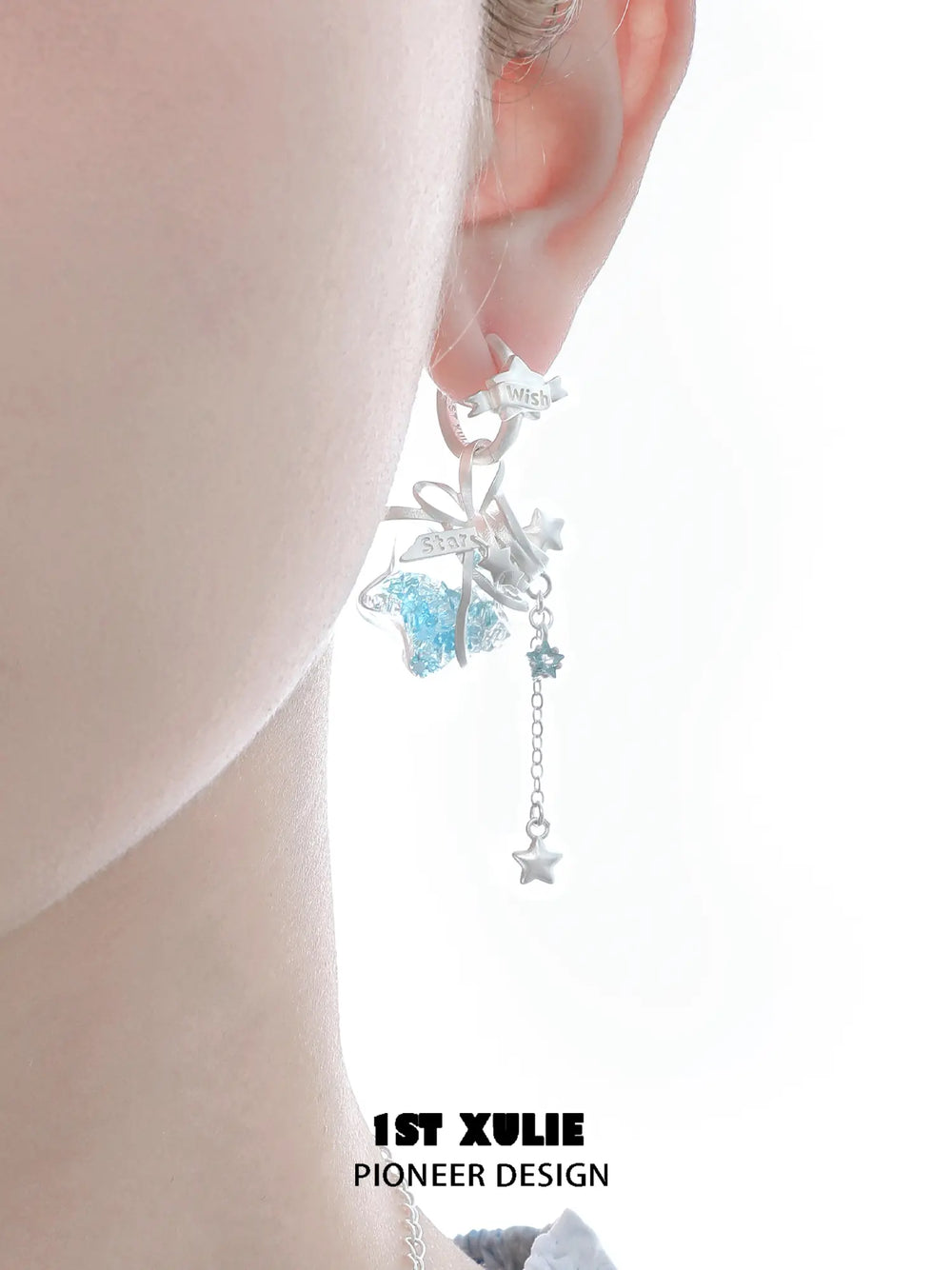 1ST XULIE Jewelry "WISHING STAR" Wishing Bottle Dangle Earrings in Platinum Plated - On Model Yellow