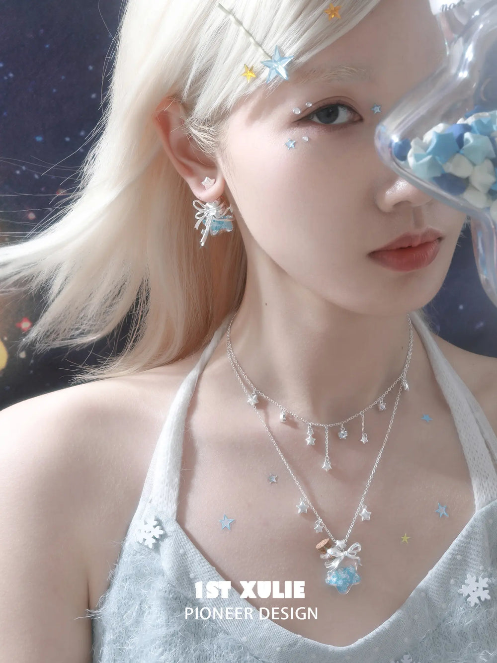 1ST XULIE Jewelry "WISHING STAR" Platinum Plated Wishing Bottle Star Statement Pendant Necklace - On Model