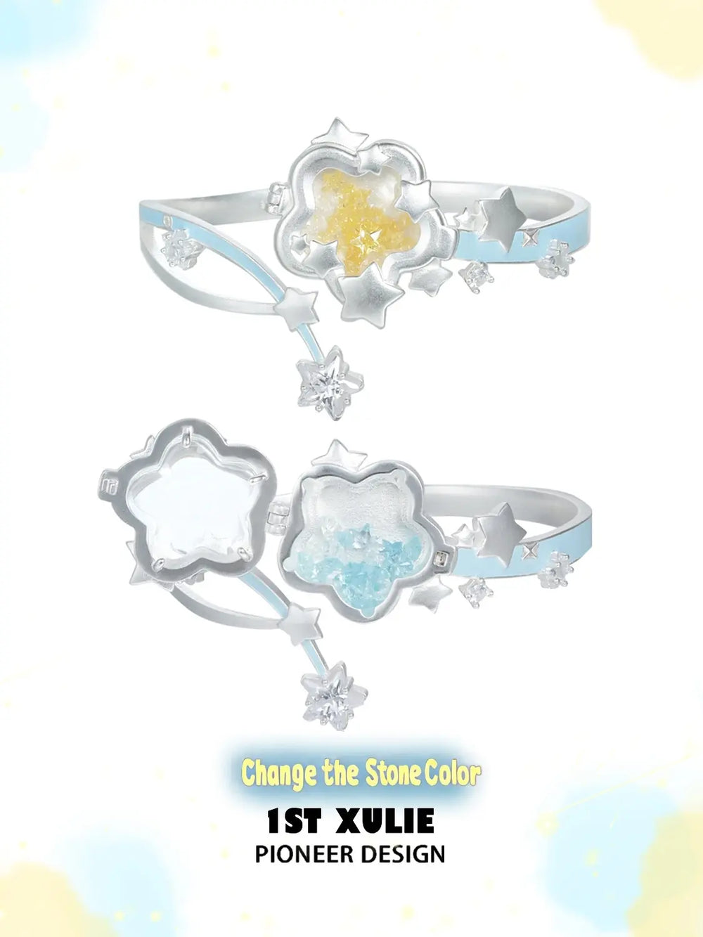 1ST XULIE Jewelry "WISHING STAR" Wishing Star Flip Bangle in Rhodium Plated Brass - Angle 2