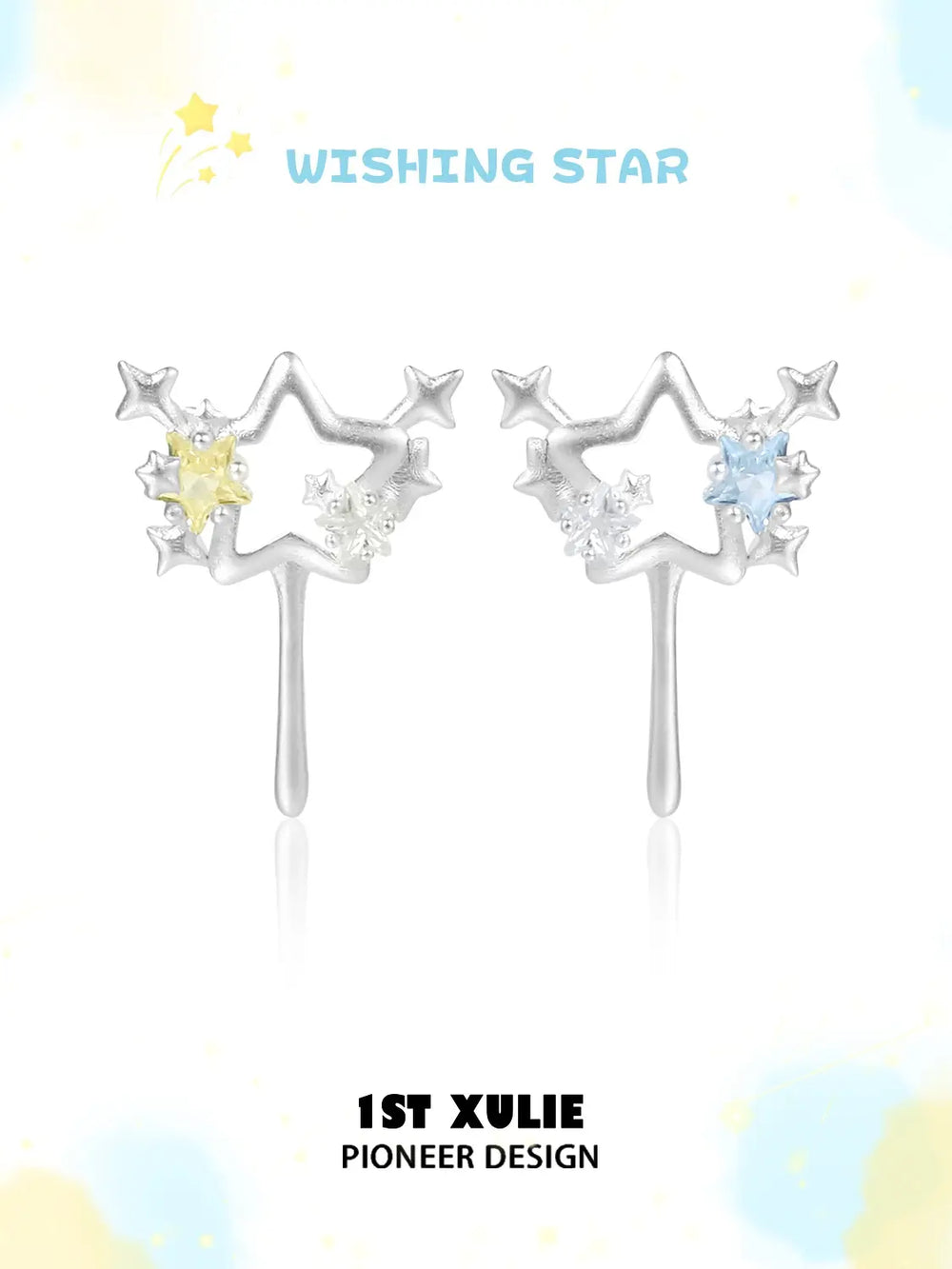 1ST XULIE Jewelry "WISHING STAR" Wishing Wand Zirconia Stud Earrings in Rhodium Plated - Angle 2