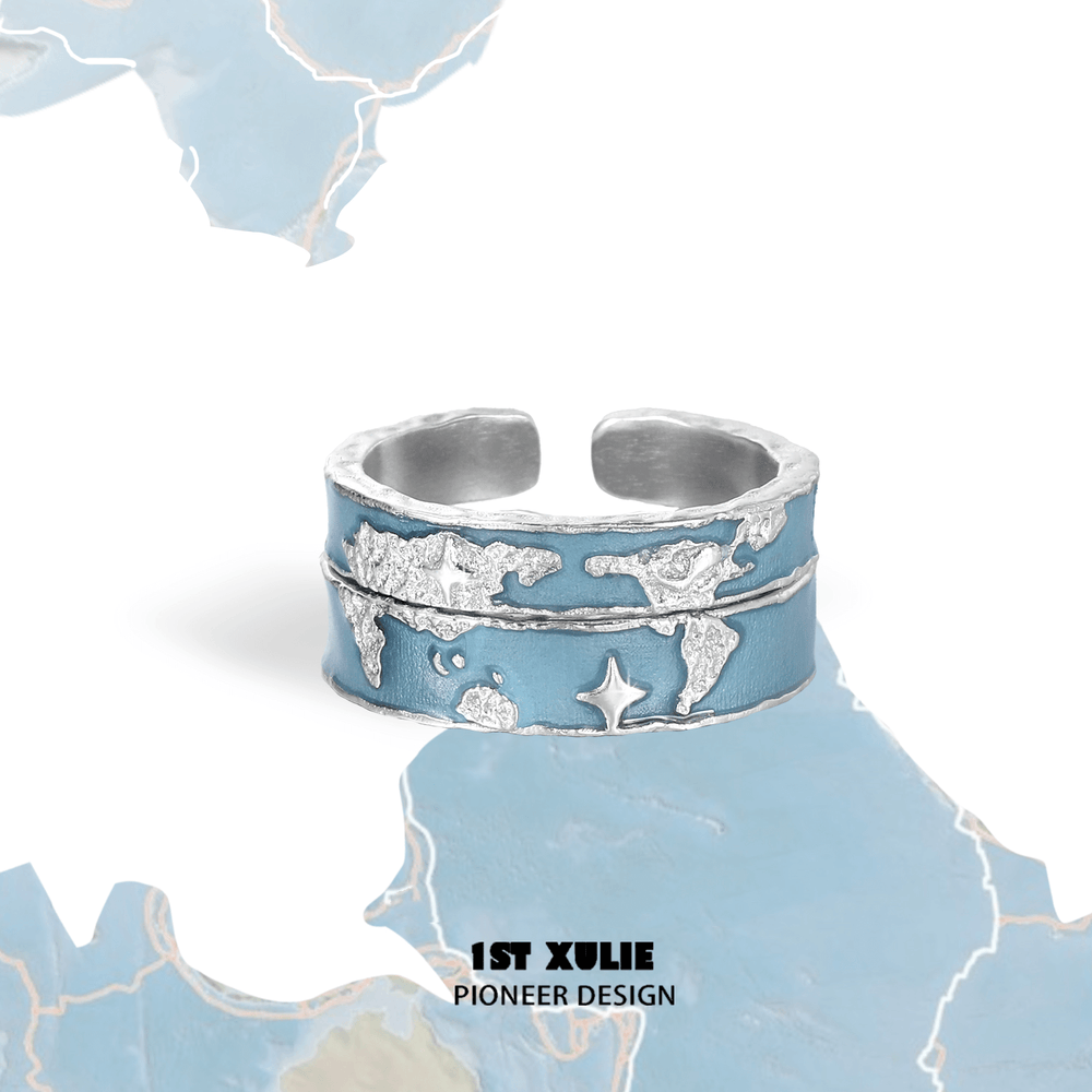 1ST XULIE "The Sea" World Map Couple's Rings in 925 Sterling Silver - Product View