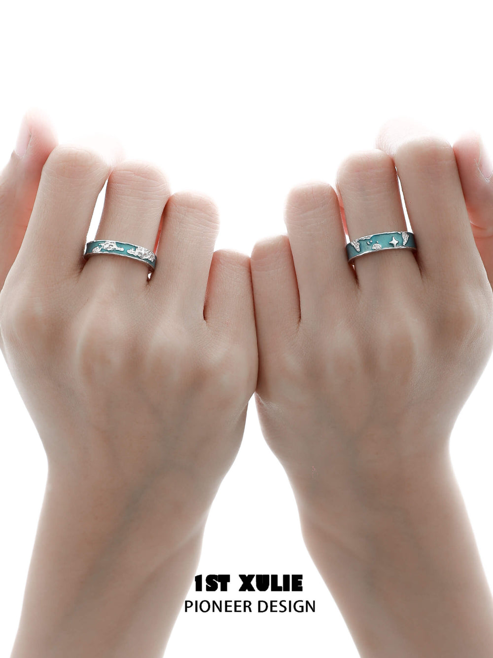 1ST XULIE "The Sea" World Map Couple's Rings in 925 Sterling Silver - On Model Side View