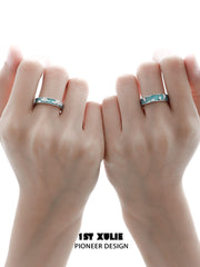 1ST XULIE "The Sea" World Map Couple's Rings in 925 Sterling Silver - On Model Side View