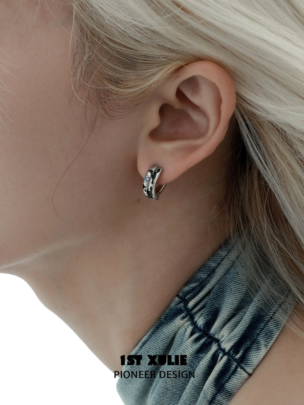 1ST XULIE "Mini World" Travel-Inspired World Map Huggie Hoop Earrings in Platinum Plated - Side View