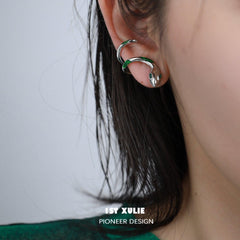 1ST XULIE "Slytherin House" Y2K Serpent Huggie Earrings in Platinum Plate - Detail Shot