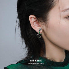 1ST XULIE "Slytherin House" Y2K Serpent Huggie Earrings in Platinum Plate - On Model