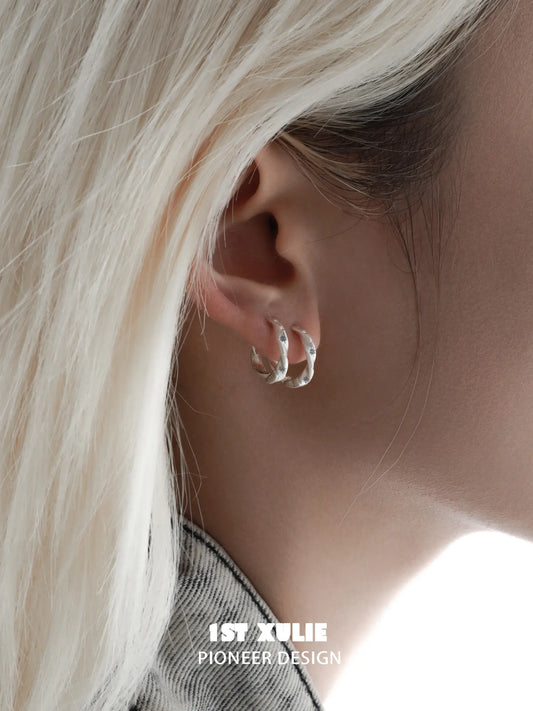 1ST XULIE Jewelry "Silver Angel" Everyday Zirconia Dainty Cartilage Huggie Hoop Earrings in 925 Sterling Silver - Detail Shot