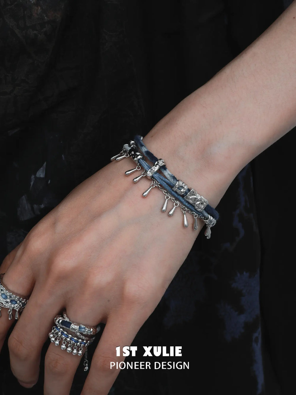1ST XULIE Jewelry "MIAO" Artisan Tie-Dye Woven Statement Open Ring in Platinum Plated - Angle 2