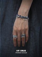 1ST XULIE Jewelry "MIAO" Artisan Tie-Dye Woven Statement Open Ring in Platinum Plated - Detail Shot