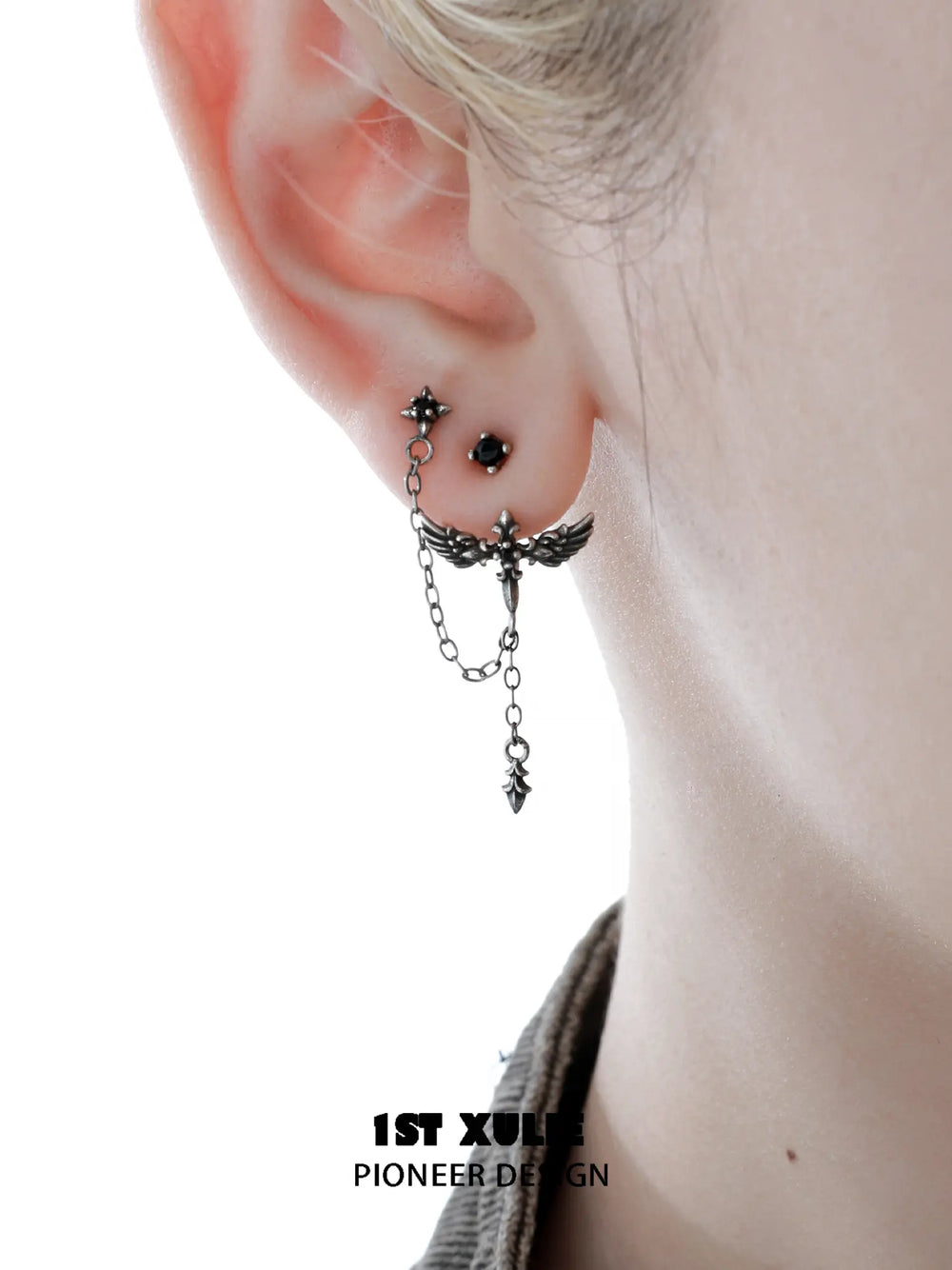 1ST XULIE Jewelry "FALLEN ANGEL" Asymmetrical Fallen Angel Drop Earrings in Brass - Detail Shot