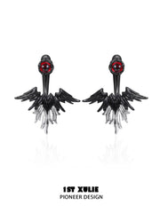 1ST XULIE "Black Swan" Asymmetrical Swan Wing Stud Earrings in Black Gold & Platinum Plated - Product View