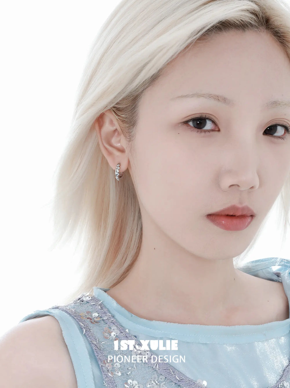 1ST XULIE Jewelry "THE SEA" Azure Sea Fragment Huggie Hoop Earrings in Platinum Plated - Angle 1