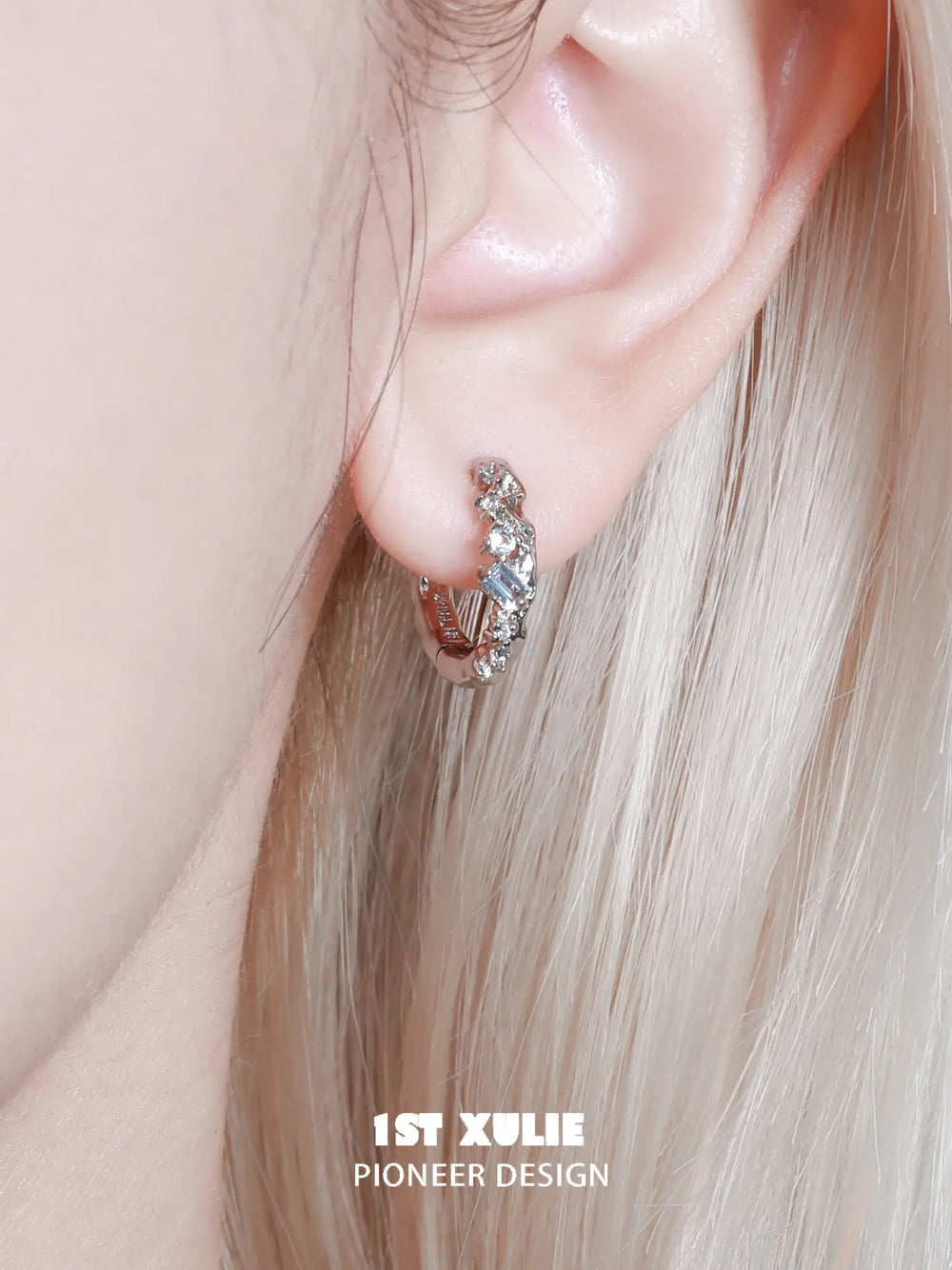 1ST XULIE Jewelry "THE SEA" Azure Sea Fragment Huggie Hoop Earrings in Platinum Plated - Lifestyle Shot