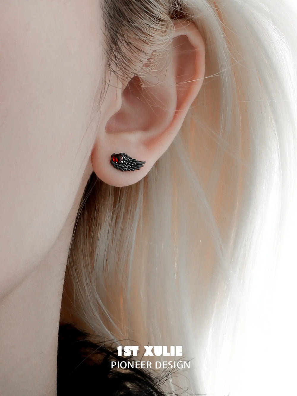 1ST XULIE "Lucifer" Asymmetrical Black Swan Wing Stud Earrings in 18K Black Gold & Platinum Plated - Side View