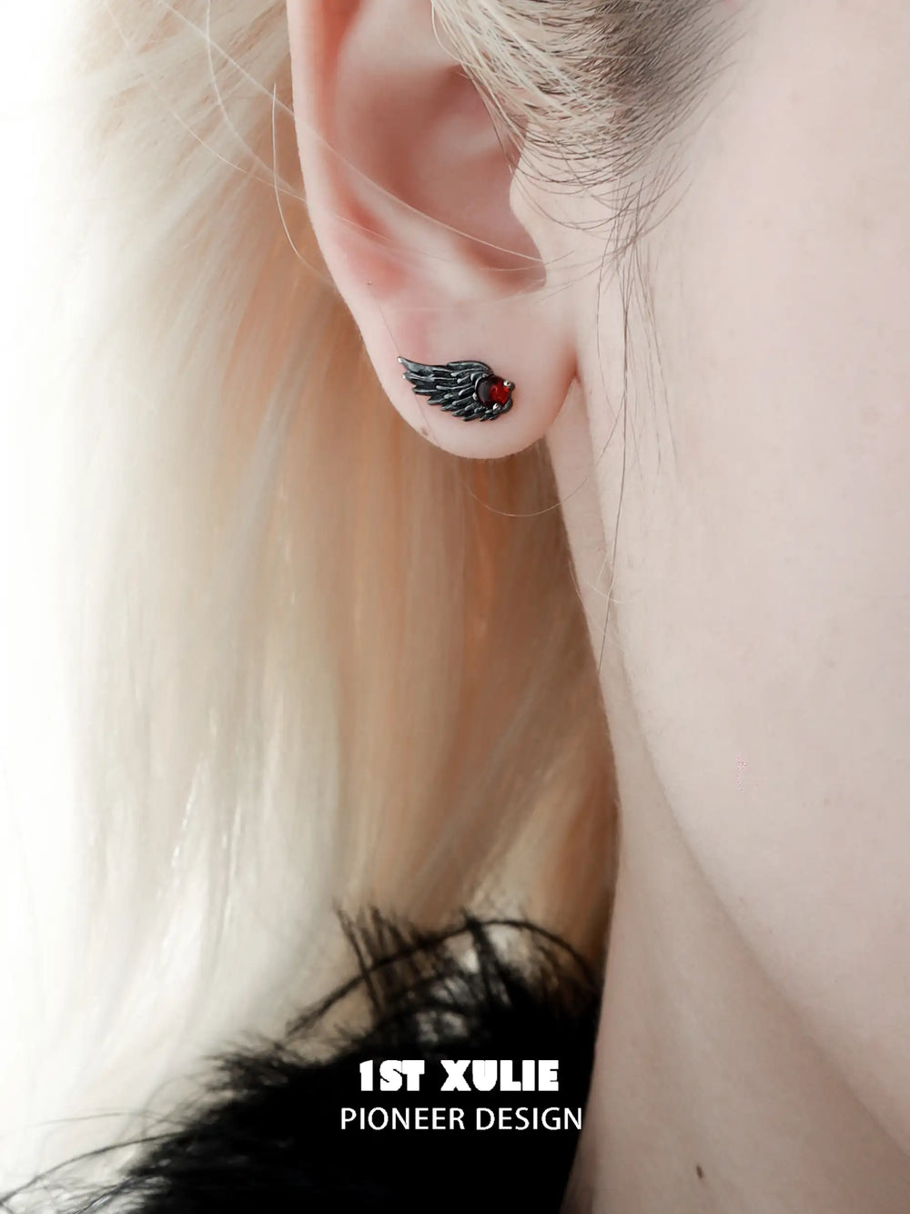 1ST XULIE "Lucifer" Asymmetrical Black Swan Wing Stud Earrings in 18K Black Gold & Platinum Plated - Detail Shot