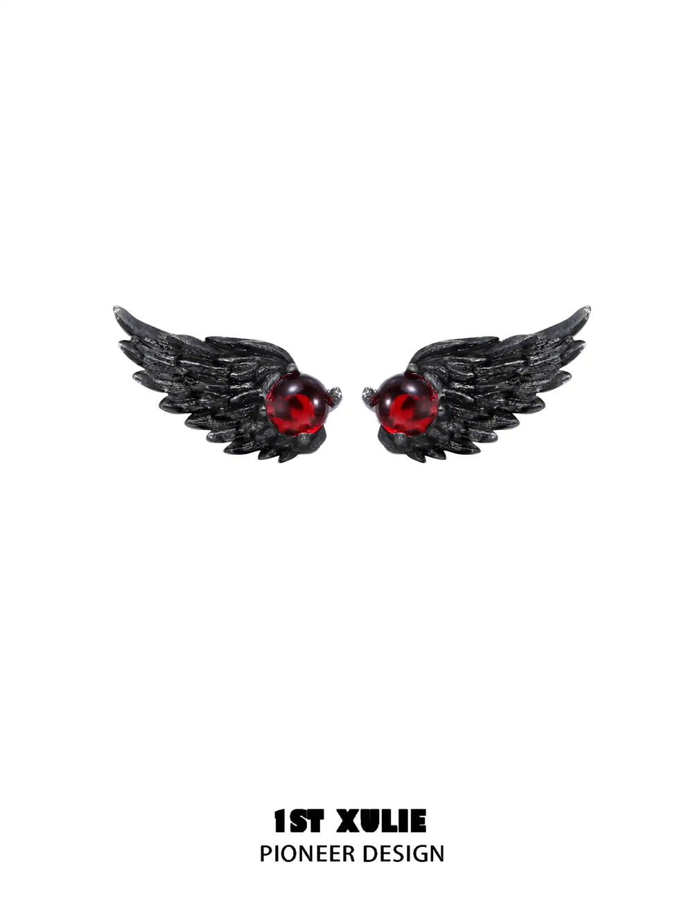 1ST XULIE "Lucifer" Asymmetrical Black Swan Wing Stud Earrings in 18K Black Gold & Platinum Plated - Product View
