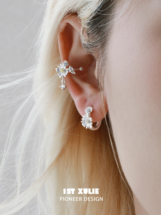 1ST XULIE Jewelry "DAISY" Dainty Daisy Huggie Hoop Earrings in 925 Sterling Silver - Detail Shot