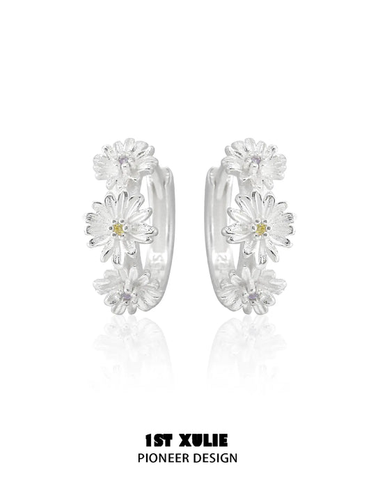 1ST XULIE Jewelry "DAISY" Dainty Floral Daisy Huggie Hoop Earrings in 925 Sterling Silver - Texture