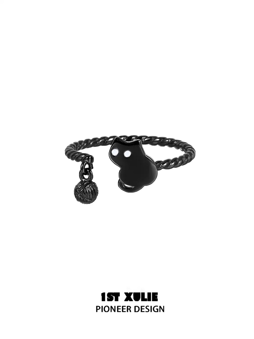 1ST XULIE "Ghosts Black Cat" Dainty Ghost Cat Adjustable Ring in 925 Sterling Silver - Angle View of Both Styles