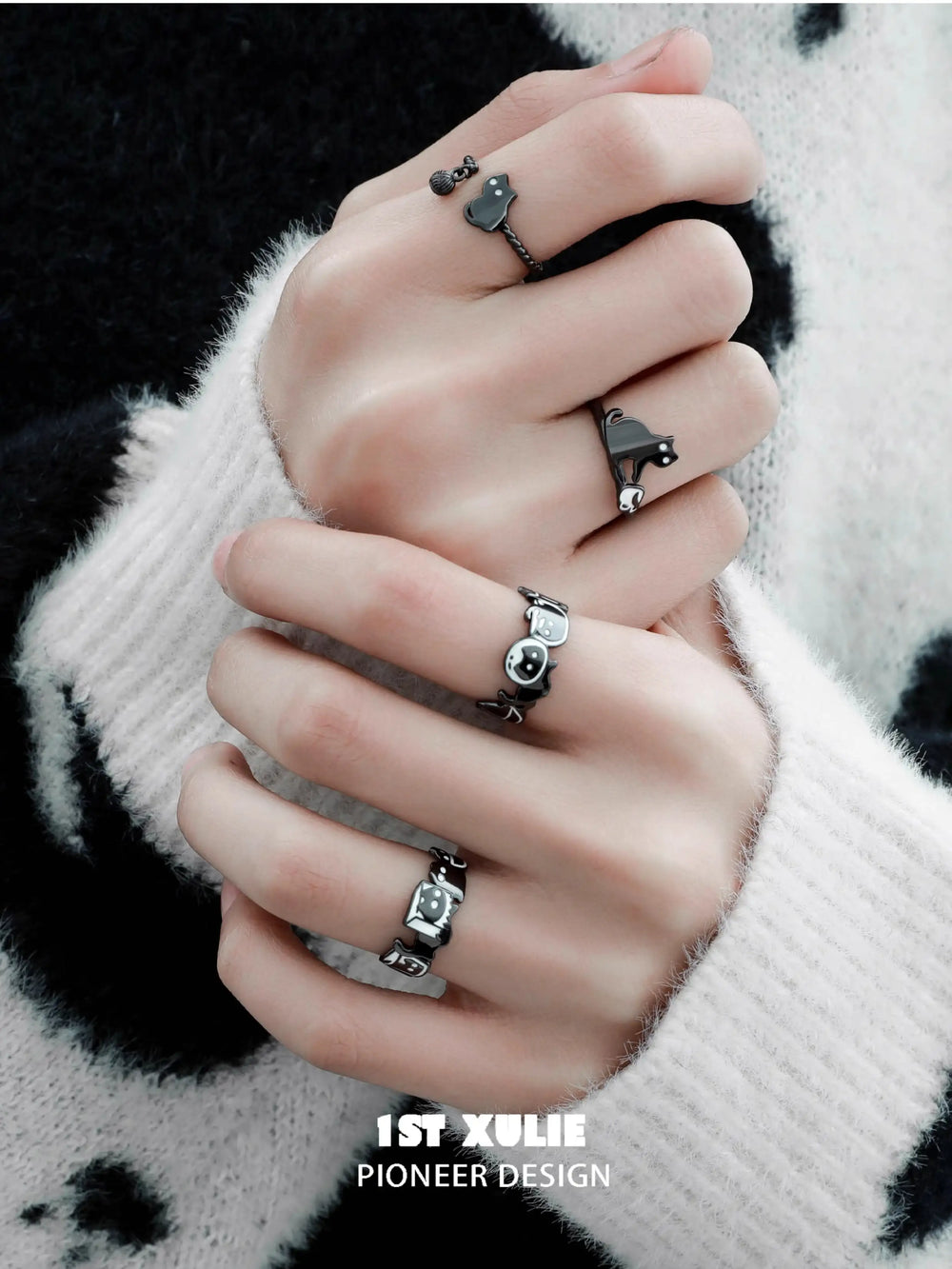 1ST XULIE "Ghosts Black Cat" Dainty Ghost Cat Adjustable Ring in 925 Sterling Silver - Lifestyle Shot