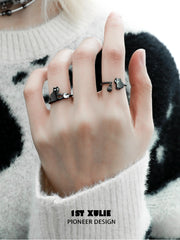 1ST XULIE "Ghosts Black Cat" Dainty Ghost Cat Adjustable Ring in 925 Sterling Silver - On Model