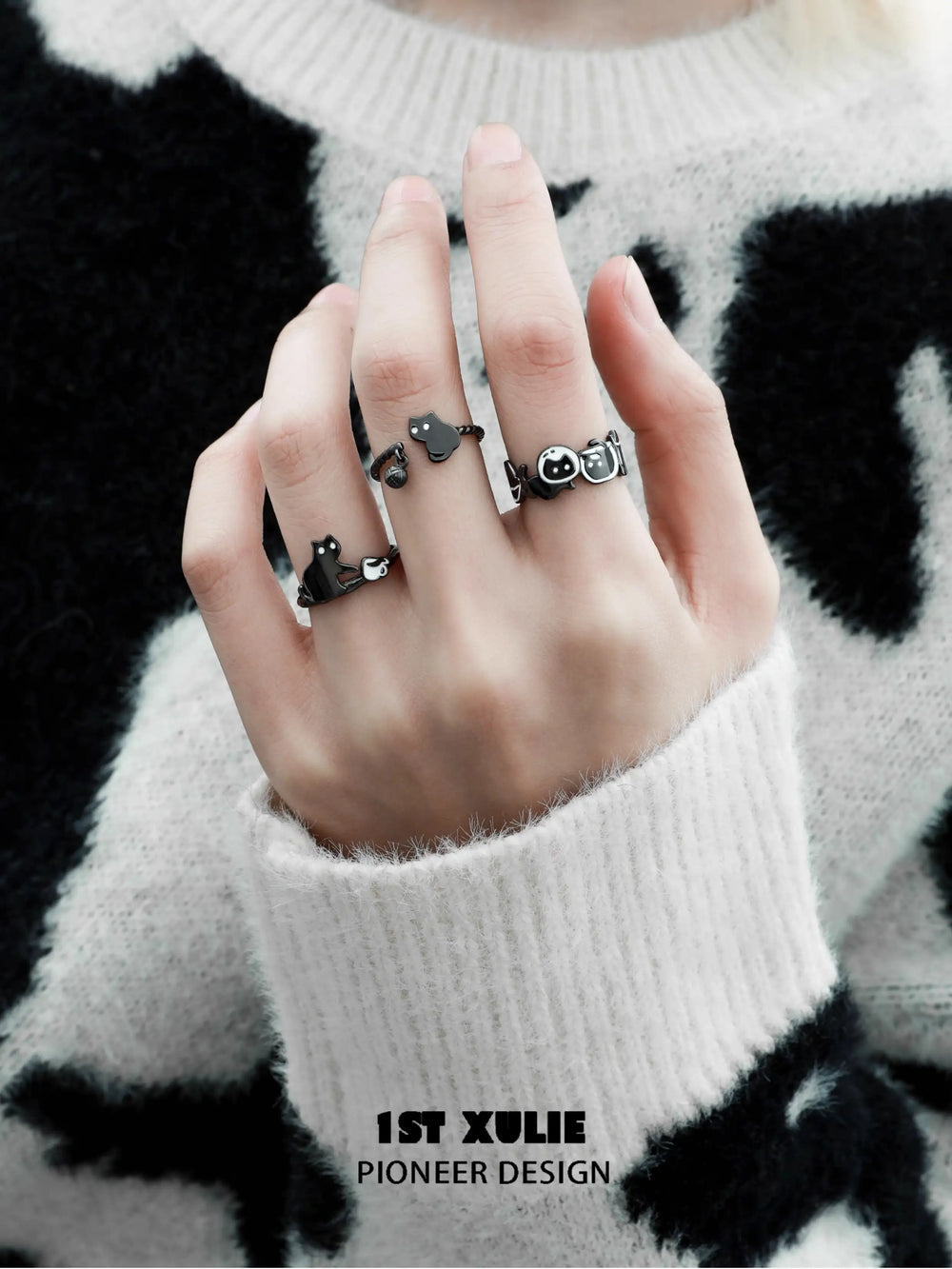 1ST XULIE "Ghosts Black Cat" Dainty Ghost Cat Adjustable Ring in 925 Sterling Silver - On Model Close Up