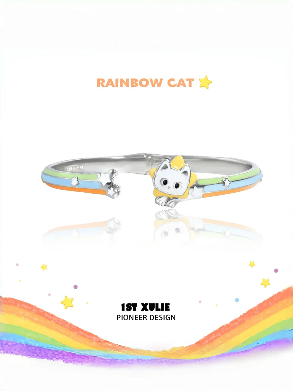 1ST XULIE Jewelry "RAINBOW CAT" Enamel Cat Open Bangle - On Model