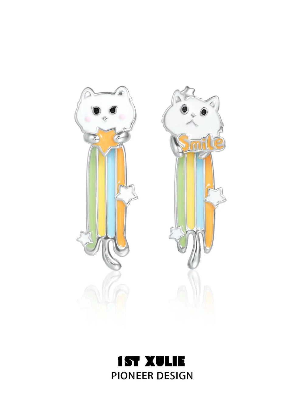 1ST XULIE Jewelry "RAINBOW CAT" Enamel Rainbow Cat Paw Convertible Drop Stud Earrings in Platinum Plated - Back View