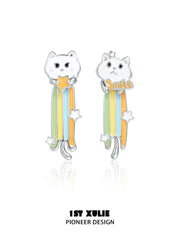 1ST XULIE Jewelry "RAINBOW CAT" Enamel Rainbow Cat Paw Convertible Drop Stud Earrings in Platinum Plated - Back View