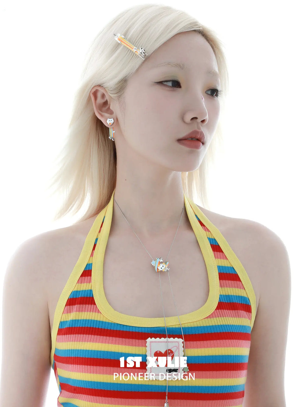 1ST XULIE Jewelry "RAINBOW CAT" Enamel Rainbow Cat Paw Convertible Drop Stud Earrings in Platinum Plated - Lifestyle Shot