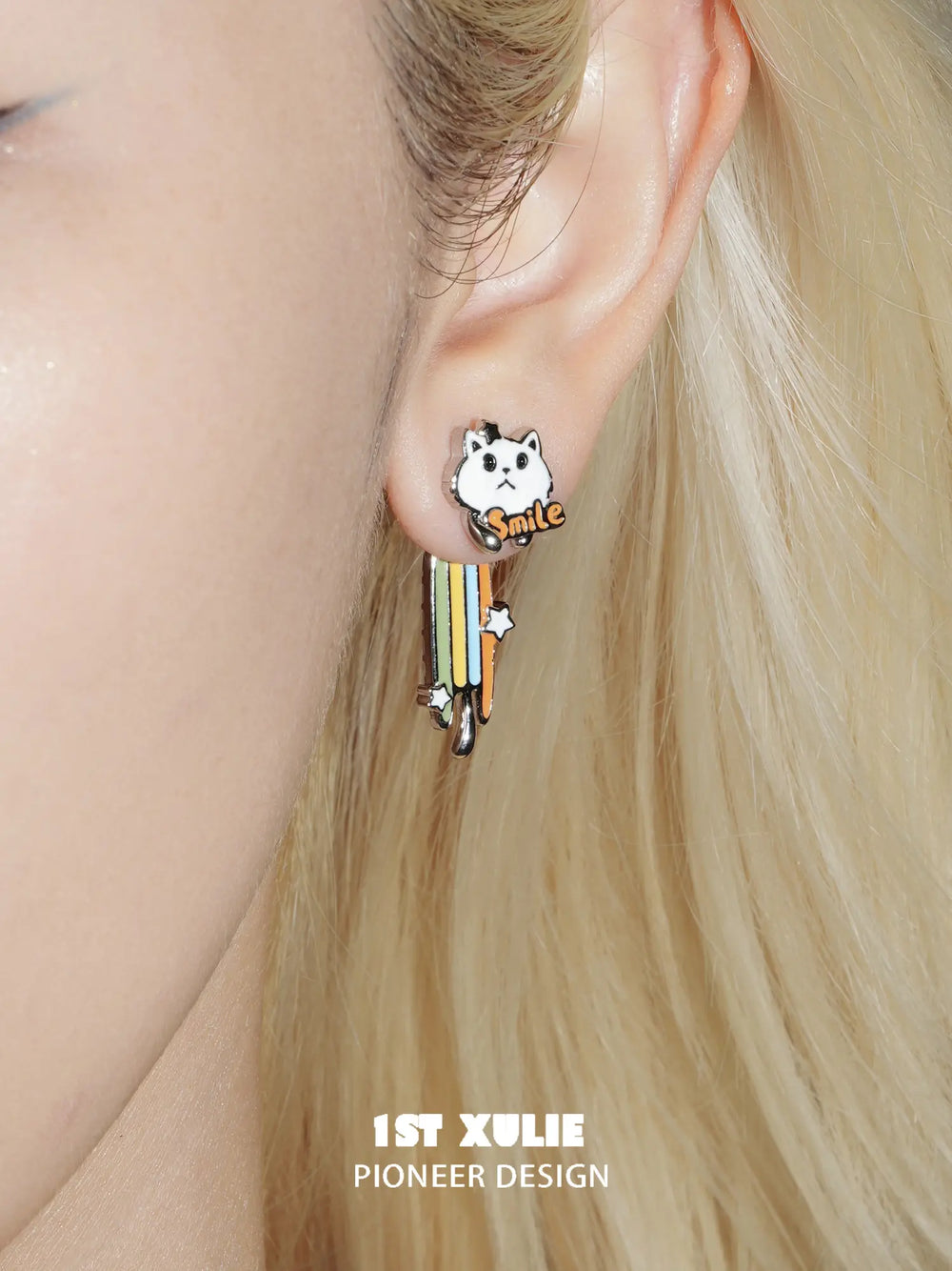1ST XULIE Jewelry "RAINBOW CAT" Enamel Rainbow Cat Paw Convertible Drop Stud Earrings in Platinum Plated - Side View