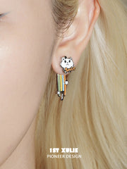 1ST XULIE Jewelry "RAINBOW CAT" Enamel Rainbow Cat Paw Convertible Drop Stud Earrings in Platinum Plated - Side View