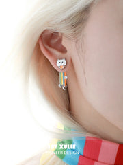 1ST XULIE Jewelry "RAINBOW CAT" Enamel Rainbow Cat Paw Convertible Drop Stud Earrings in Platinum Plated - Texture