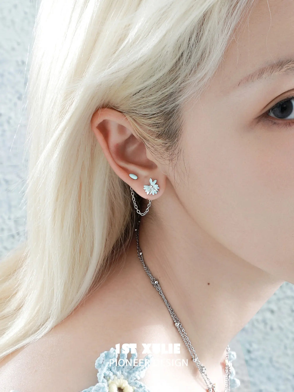 1ST XULIE Jewelry "DAISY" Enamel Chain Drop Stud Earrings in Brass - Detail Shot