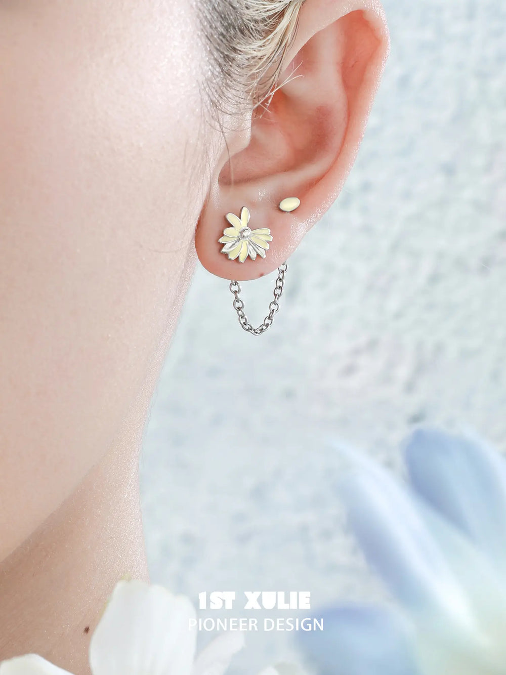 1ST XULIE Jewelry "DAISY" Enamel Chain Drop Stud Earrings in Brass - Lifestyle Shot