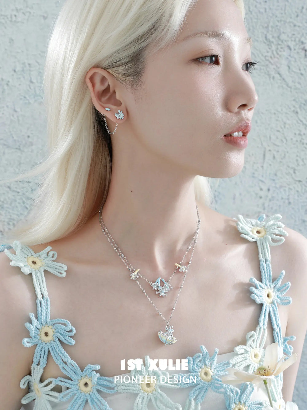 1ST XULIE Jewelry "DAISY" Enamel Chain Drop Stud Earrings in Brass - On Model