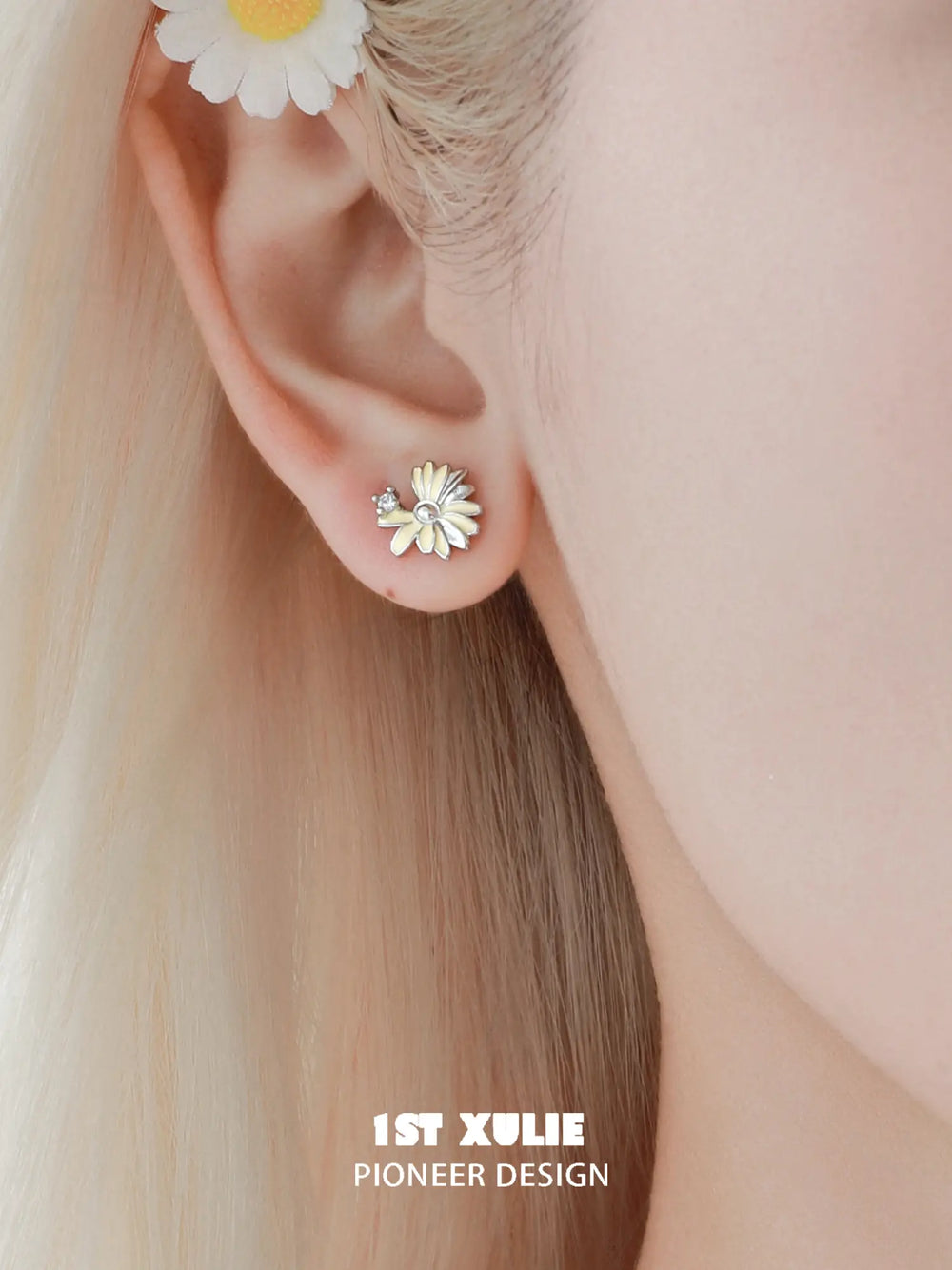 1ST XULIE Jewelry "DAISY" Enamel Chain Drop Stud Earrings in Brass - Side View