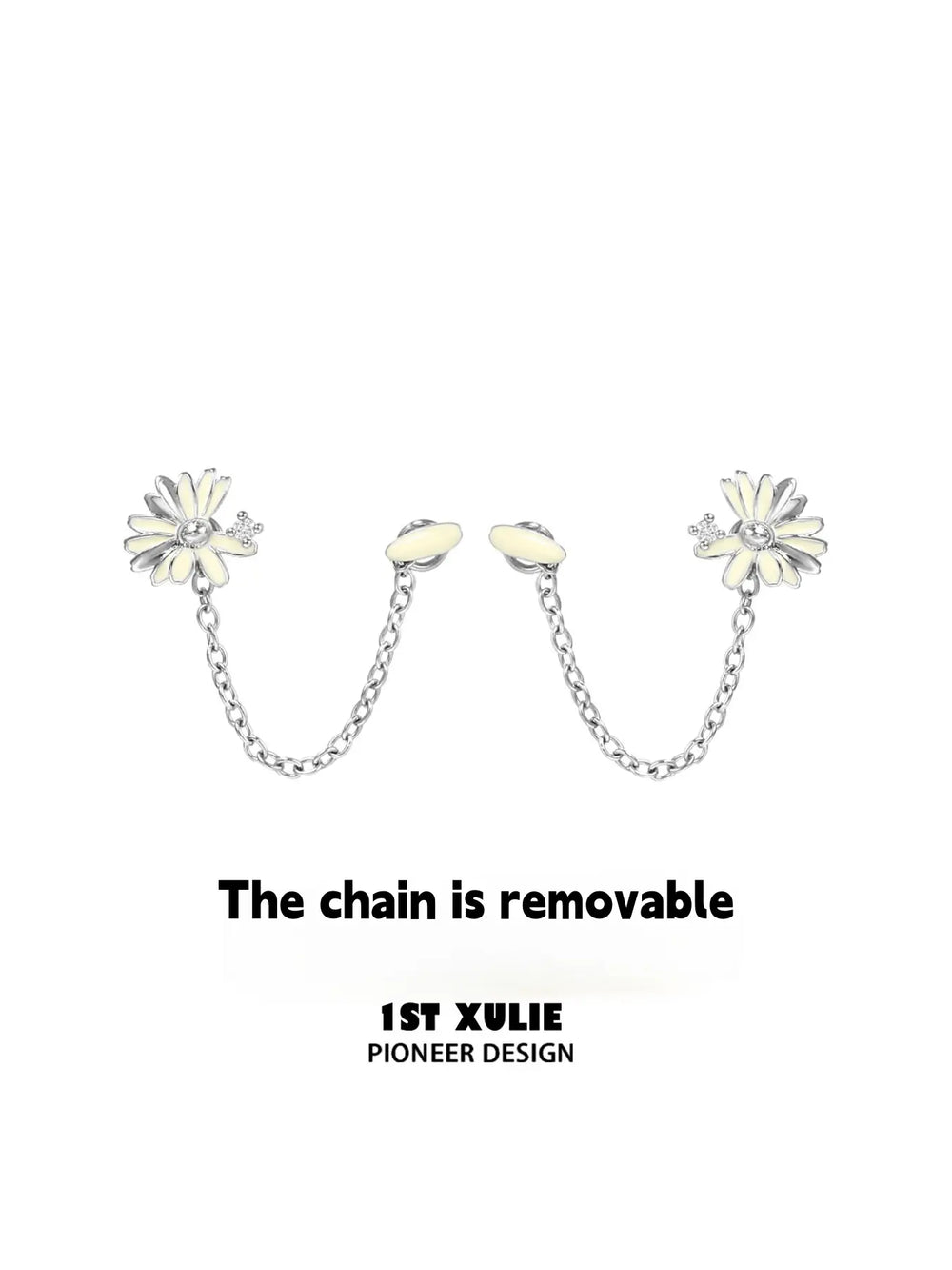 1ST XULIE Jewelry "DAISY" Enamel Chain Drop Stud Earrings in Brass - Detail Shot