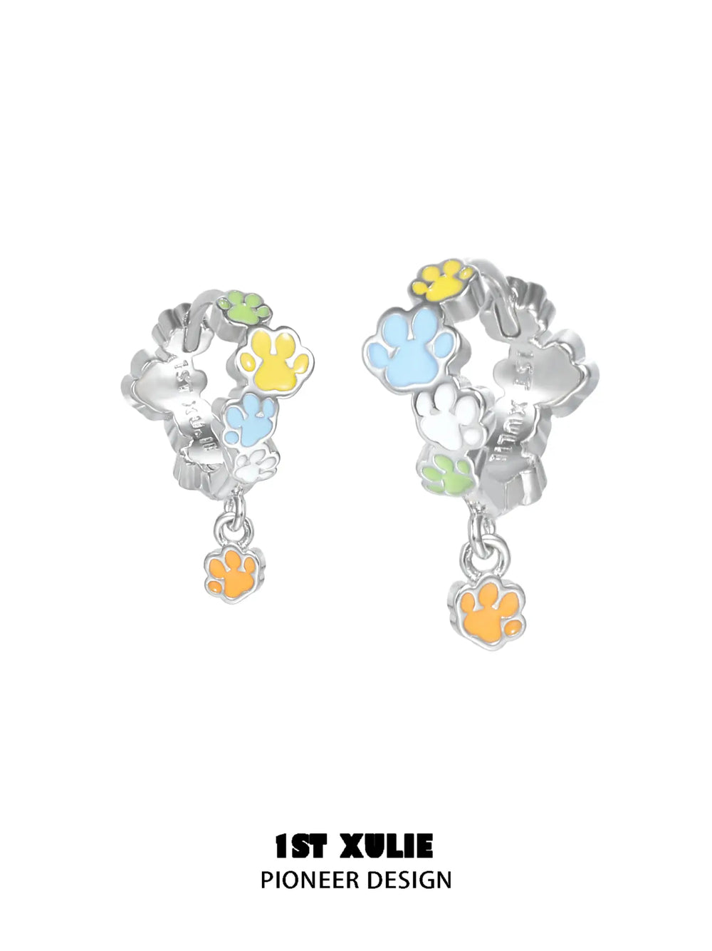 1ST XULIE Jewelry "RAINBOW CAT" Enamel Rainbow Cat Paw Drop Hoop Earrings in Rhodium Plated - Back View
