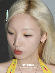 1ST XULIE Jewelry "RAINBOW CAT" Enamel Rainbow Cat Paw Drop Hoop Earrings in Rhodium Plated - Lifestyle Shot