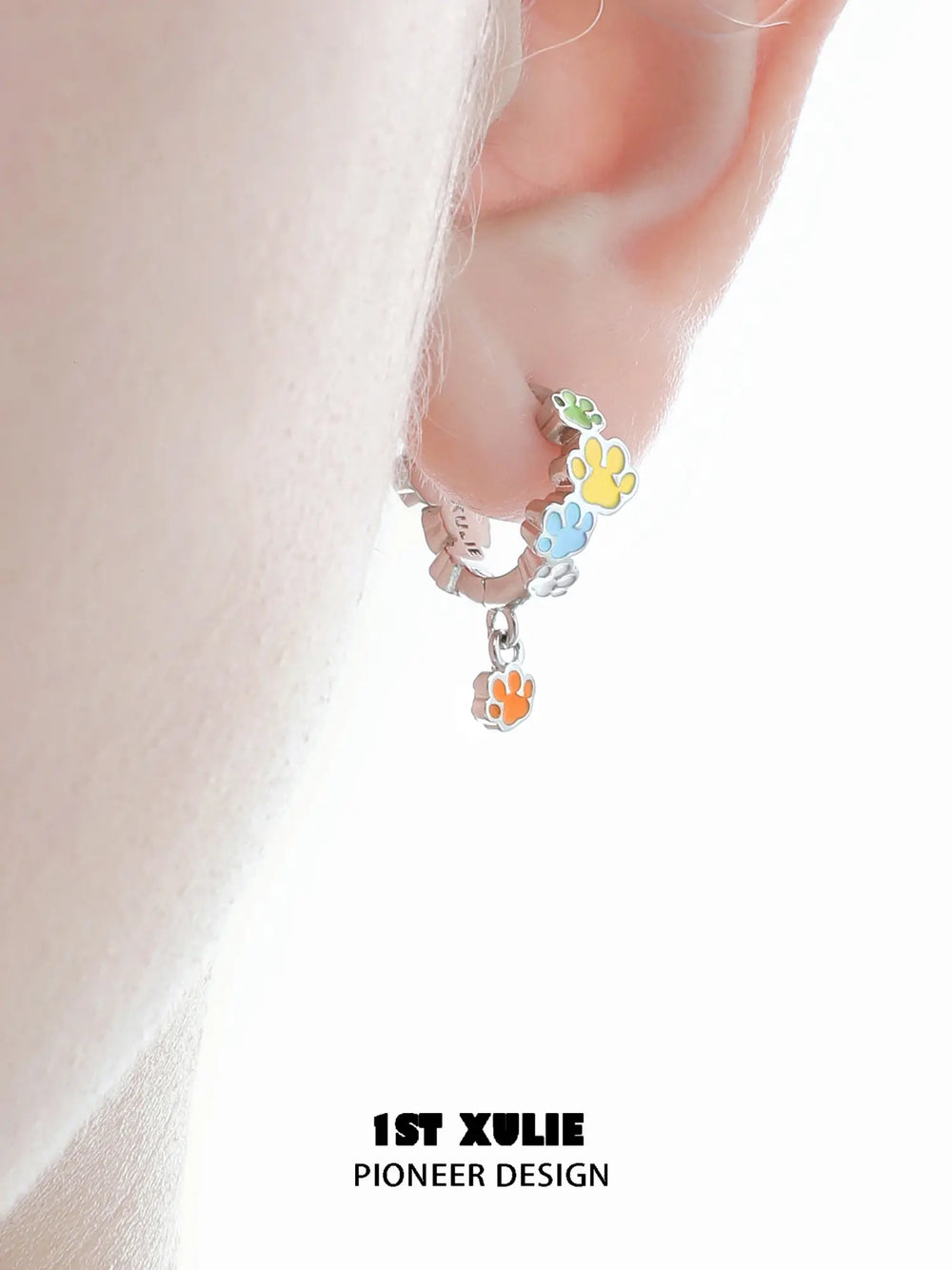1ST XULIE Jewelry "RAINBOW CAT" Enamel Rainbow Cat Paw Drop Hoop Earrings in Rhodium Plated - Packaging View