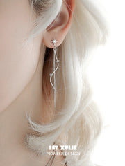 1ST XULIE Jewelry "Silver Angel" Four-Point Star Tassel Dangle Earrings in 925 Sterling Silver - On Model
