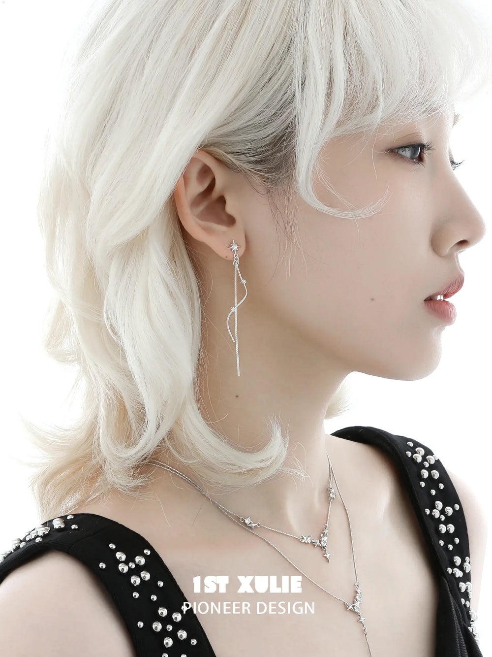 1ST XULIE Jewelry "Silver Angel" Four-Point Star Tassel Dangle Earrings in 925 Sterling Silver - Side View