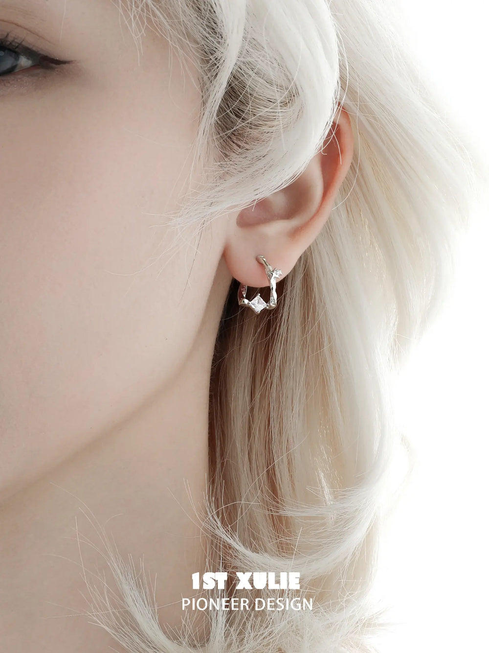 1ST XULIE Jewelry "Silver Angel" Four-Pointed Star Huggie Earrings in 925 Sterling Silver - On Model