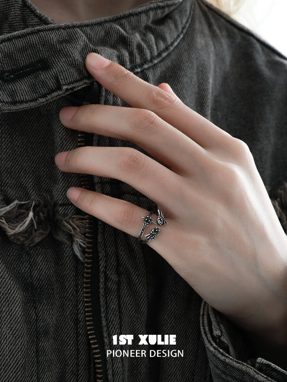 1ST XULIE Jewelry "FALLEN ANGEL" Gothic Dark Angel Statement Open Stackable Ring in 925 Sterling Silver - Product View