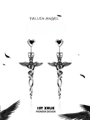 1ST XULIE Jewelry "FALLEN ANGEL" Gothic Fallen Angel Drop Earrings in Vintage Silver Plated - Back View