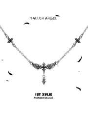 1ST XULIE Jewelry "FALLEN ANGEL" Gothic Wing Statement Pendant Necklace in Vintage Silver Plated Brass - Lifestyle Shot