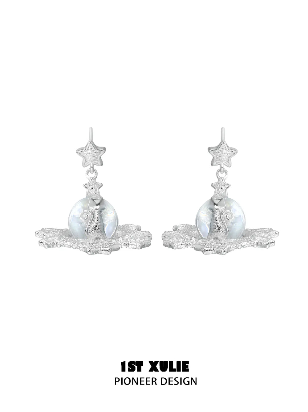 1ST XULIE Jewelry "STARLIGHT LACE" Rococo Kitten Crystal Ball Statement Dangle Earrings in Silver Plated Brass - Packaging View
