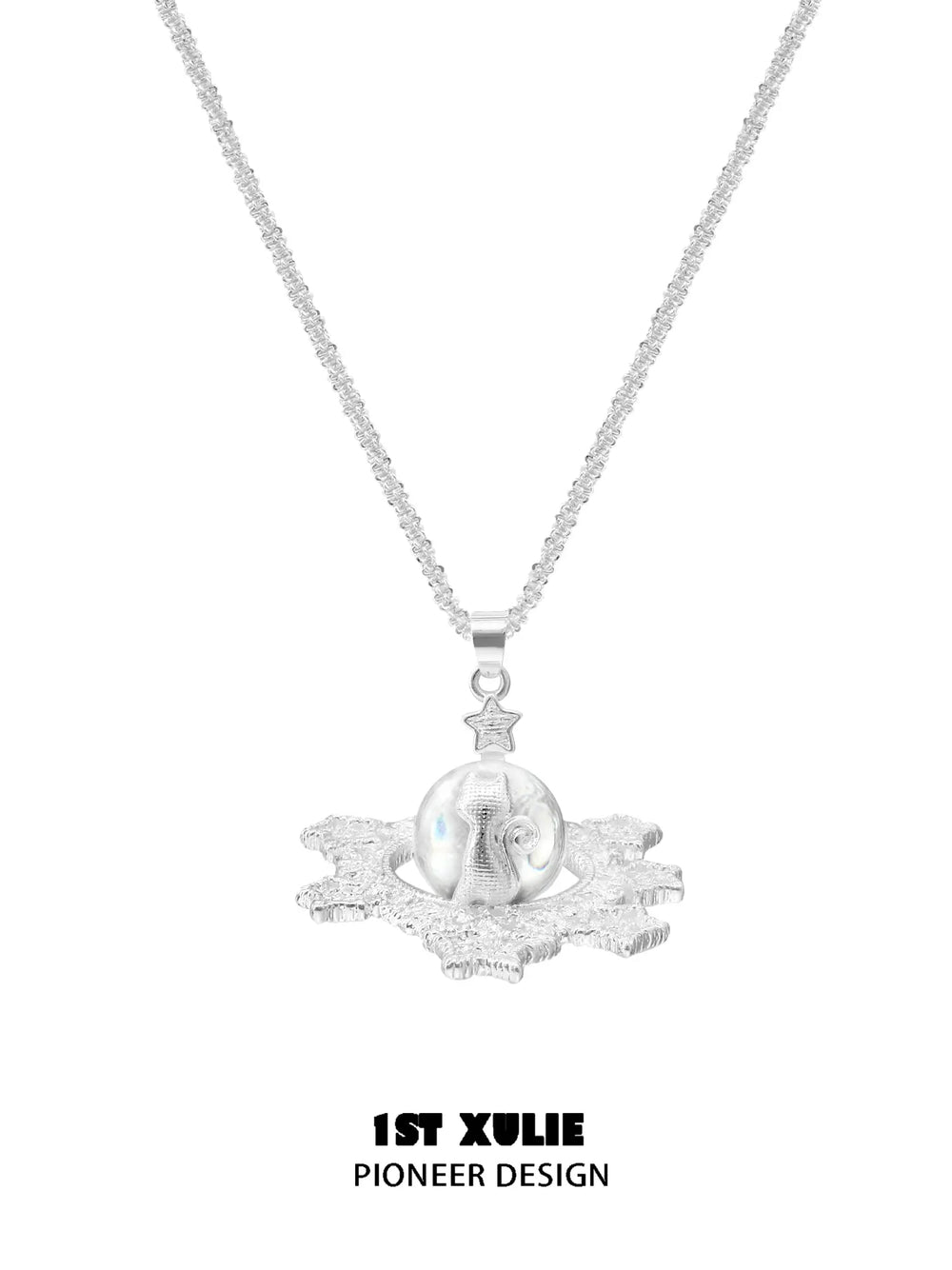 1ST XULIE Jewelry "STARLIGHT LACE" Lace Star Kitten Crystal Orb Statement Charm Pendant Necklace in Platinum Plated - Angle 2